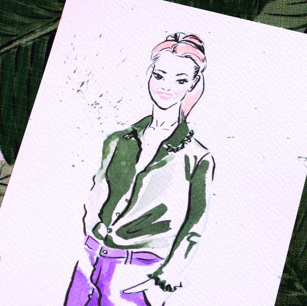 hand painted lady with green top and purple trousers