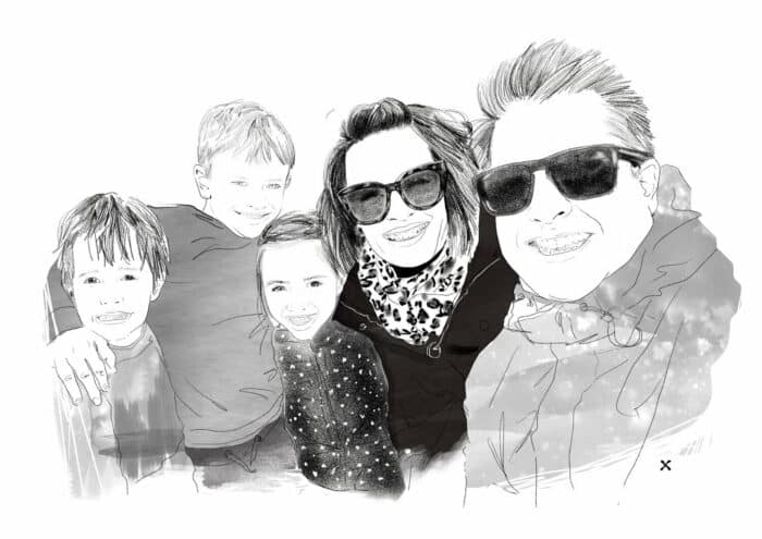black and white illustration with family of 5