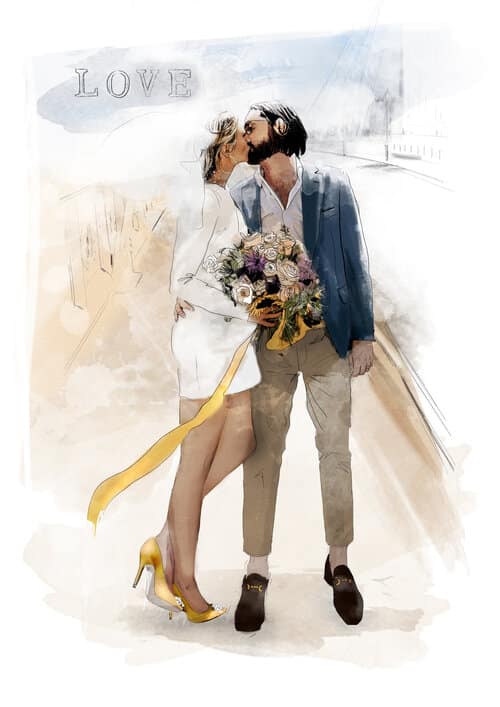 illustration of a wedding couple kissing