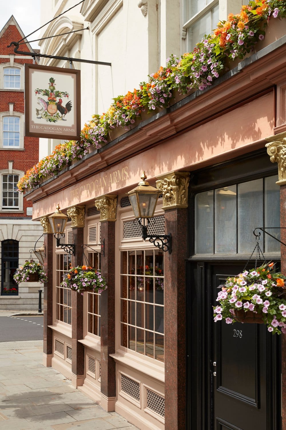 pub entrance with flowers hanging